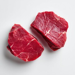 Fototapeta premium 新鮮な赤身の生肉のブロックが白い背景に置かれている。料理や食材紹介のシーンに適した肉のストック素材。