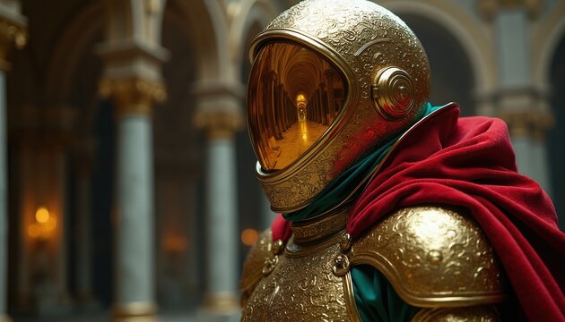 Gold ornate astronaut armor with red velvet cape inside grand cathedral hall. Helmet visor reflects long arched corridor with golden light, showing ornate interior architecture. Majestic, rich,