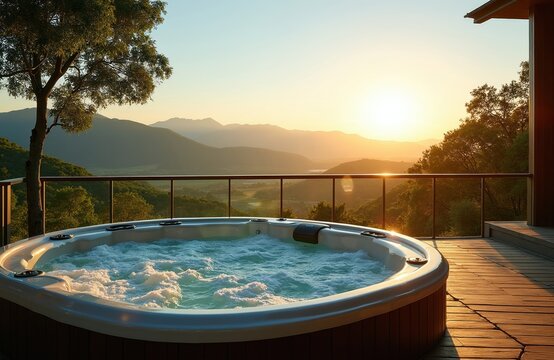 Outdoor jacuzzi bubbles with panoramic mountain sunset view. Relaxing hot tub on wooden deck, serene nature landscape, luxury hotel spa experience.