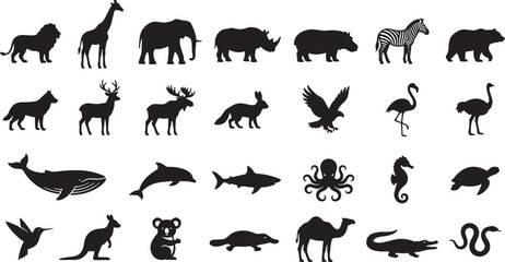 Naklejka premium Comprehensive collection of various wild animal silhouettes including mammals birds and sea creatures for educational designs and graphic projects on white background.