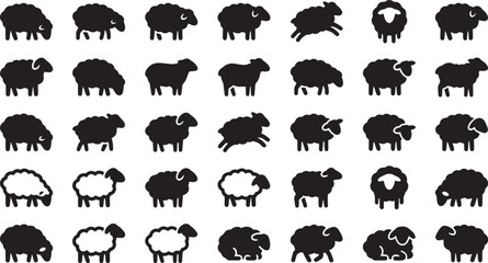 Collection of sheep silhouettes in different poses and styles for farming and livestock icons showing fluffy woolly coats of lambs and ewes in black and white. © Nawfel Mahmud