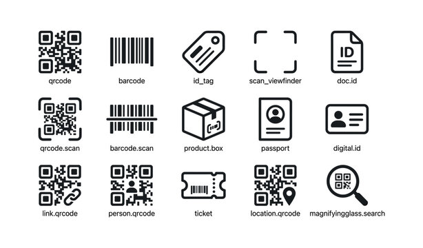 Qr code and barcode icons with id symbols on white background