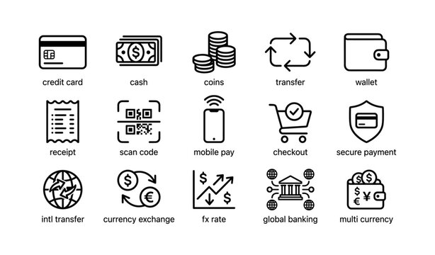 Payment and banking icons showing payment methods on white background