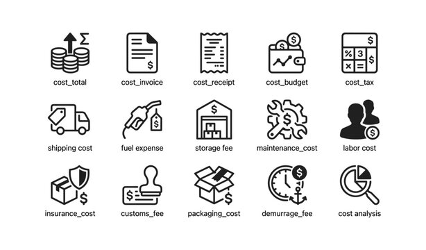 Financial cost and expense icons arranged on white background