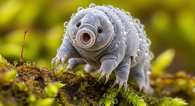 Close-up of a Baby Tardigrade on Moss with Dew Drops in Nature.