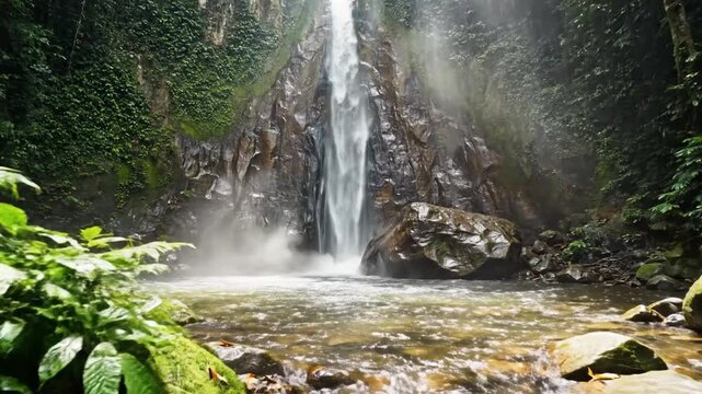A high waterfall cascades down a dark rocky cliff in a lush green jungle, featuring a faint rainbow in the mist and bright sunbeams filtering through the forest canopy above.