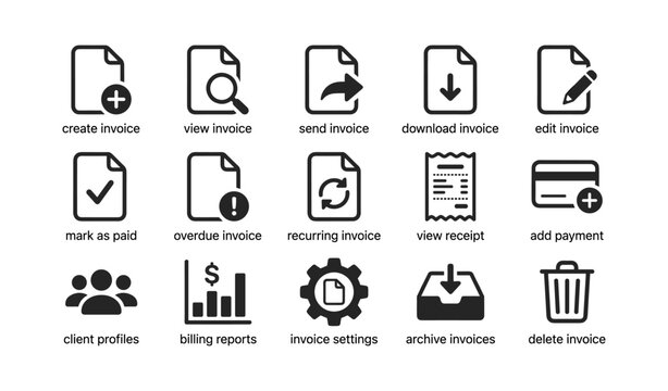 Invoice management icons showing actions for billing and receipts