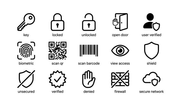 Security and access icons depicting locks biometrics and shields