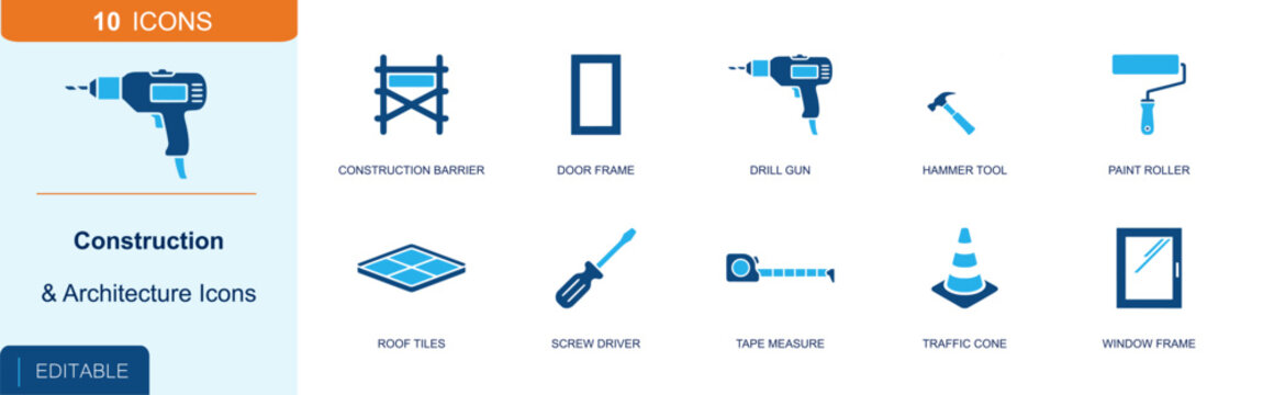 Construction and building icon set. Containing barrier, door frame, drill gun, hammer, paint roller, roof tiles, screwdriver, traffic cone, window frame and more. Solid fill vector icons.