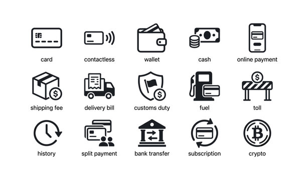 Payment icons showing methods fees and finance services on white grid