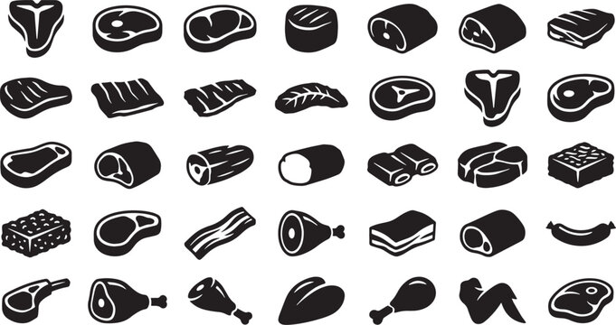 Collection of raw meat cuts and steak icons for butcher shop or restaurant menu design.