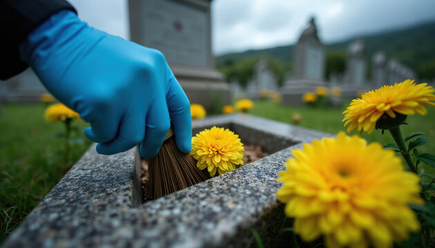 Person wears blue gloves, swepic yellow flowers on granite grave marker. Cemetery landscaping care, outdoor maintenance, overcast sky. Respectful remembrance activity, tending to memorial site.
