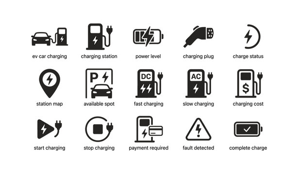 Electric vehicle charging icons arranged in grid on white background