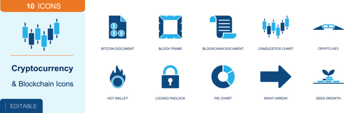 Crypto and blockchain icon set. Containing bitcoin file, block frame, blockchain file, trade chart, crypto key, hot wallet, padlock, pie chart, seed growth and more. Solid fill vector icons.