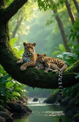 Obraz premium Jaguar mother with two cubs rests on mossy tree branch over stream. Rich jungle foliage surrounds wild cats. Sunlight filters through dense green canopy creating peaceful wild scene.