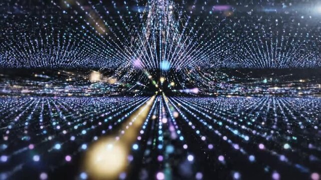 Abstract perspective of blue glowing lights representing digital technology and data processing