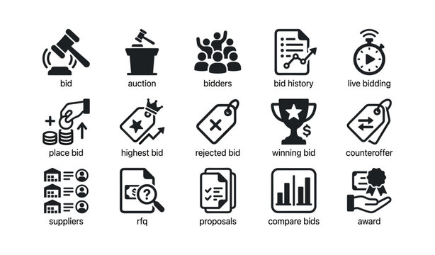 Auction icons showing bidding process in grid on white background