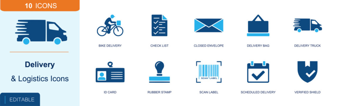 Delivery and logistics icon set. Containing bike courier, checklist, envelope, delivery bag, delivery truck, ID badge, barcode, scheduled delivery, shield and more. Solid fill vector icons.
