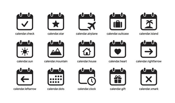 Calendar icons showing event symbols and travel motifs