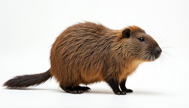 Brown nutria or coypu stands on white background. This rodent has thick fur and long whiskers. It is a semi aquatic mammal native to South America.