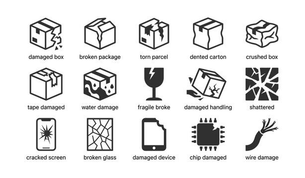 Damaged package icons showing damage types on white background