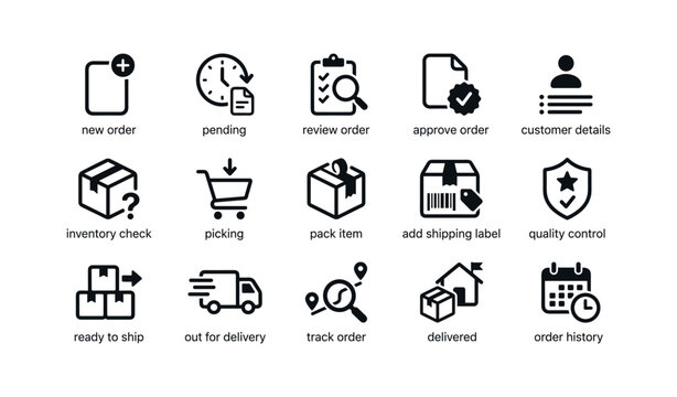 Ecommerce order processing icons arranged in grid on white background
