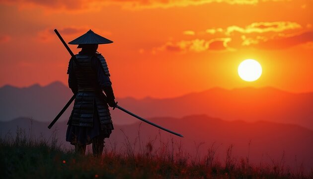 Silhouette of a samurai warrior in armor holding sword against a fiery sunset sky. Warrior stands on grass field with mountains in background. Bushido spirit.