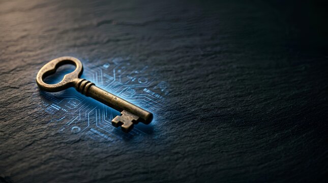 暗い岩肌に置かれた真鍮の鍵と青いデジタル回路 / Brass key on dark stone with blue digital circuits (Generative AI)