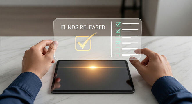 Digital funds released notification on tablet screen, online banking transaction approval interface, financial payment confirmation and money transfer