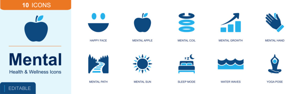 Mental wellness and self care icon set. Containing happy face, apple, spiral coil, growth chart, helping hand, path, sun, sleep mode, water waves and more. Solid fill vector icons.
