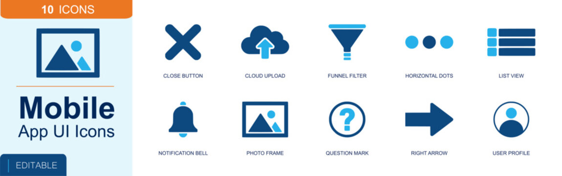 Mobile app UI icon set containing close button, cloud upload, funnel filter, list view, bell, photo frame, help circle, right arrow, user profile and more, solid fill vector icons.