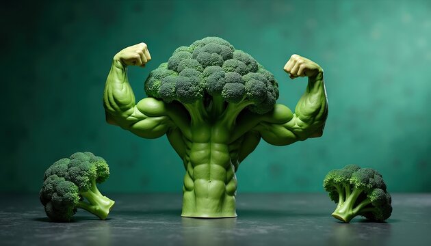 Broccoli vegetable shows strong muscular arms and abs like bodybuilder. Healthy food concept with raw green florets. Fitness parody and humor on dark green backdrop.