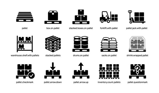 Warehouse pallet icons arranged in rows on white background