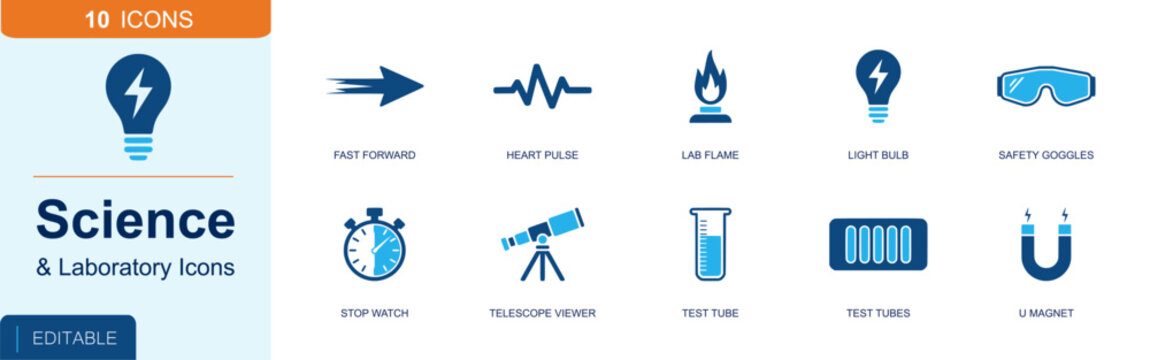 Science and laboratory icon set containing fast arrow, heart pulse, lab flame, light bulb, safety goggles, stopwatch, telescope, test tube, magnet and more, solid fill vector icons.
