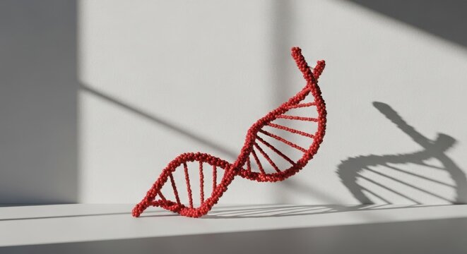 A textured red double helix DNA molecule with soft shadows against a light surface, representing genetic science.