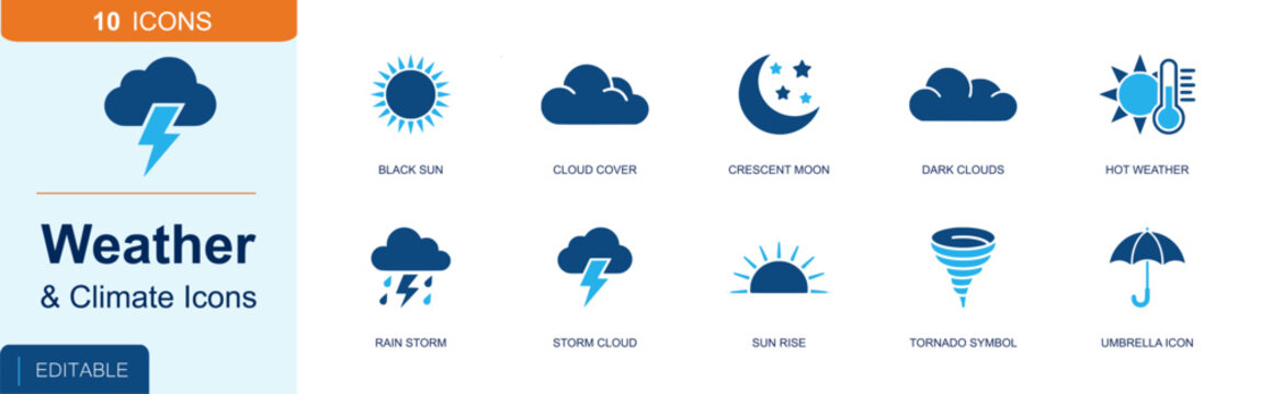 Weather and climate icon set. Containing black sun, cloud cover, crescent moon, dark clouds, hot weather, rain storm, storm cloud, sunrise, tornado symbol and more. Solid fill vector icons.