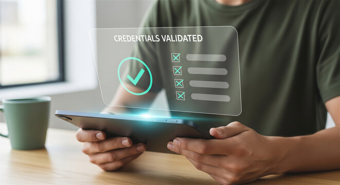 Digital credentials validated interface on tablet, secure identity verification process, futuristic holographic login screen with checkmark