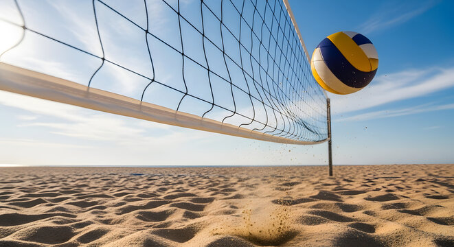 Beach volleyball ball in air.