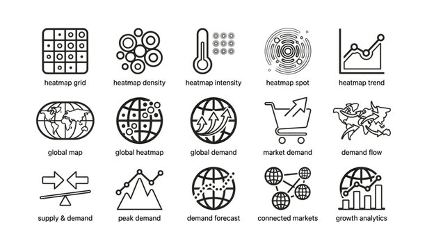 Analytics icon set showing heatmap and demand on white background