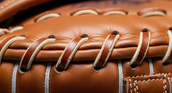 Brown leather baseball glove stitching detail.