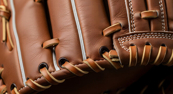 Brown leather baseball glove stitching details.