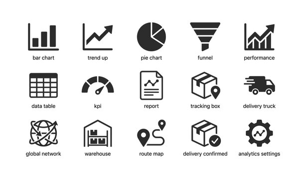 Set of logistics and analytics icons showing data and delivery