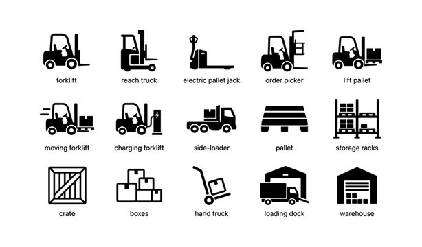 Warehouse equipment icons displayed in grid on white background
