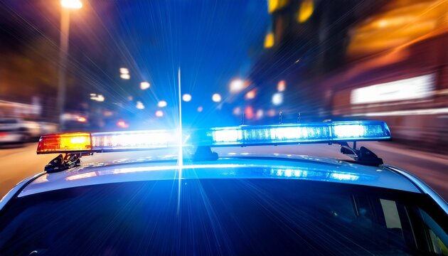 closeup view of flashing lights on top of police car in an urban street night scene public safety cops dynamic cinematographic lighting
