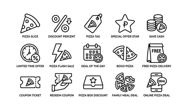 Pizza icons showing deals and delivery on white background