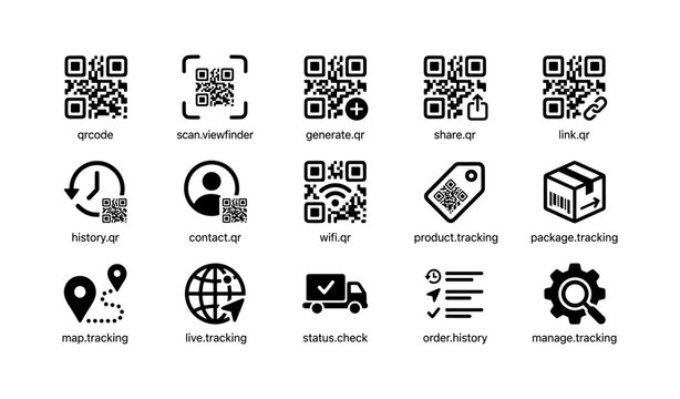 Qr and tracking icons arranged in grid on white background