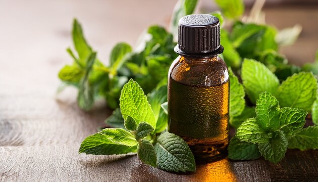 mint essential oil with fresh mint leaves