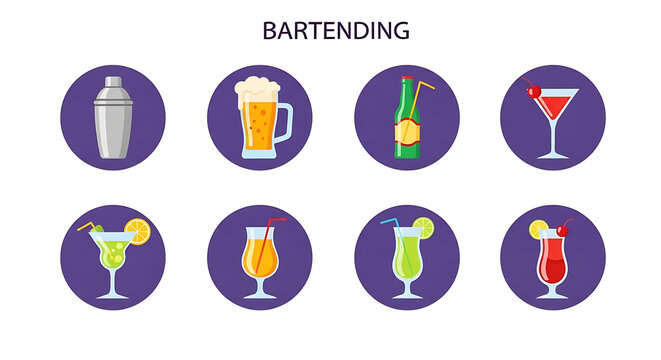Of bartending tools and ingredients in purple cocktail glasses drink shaker