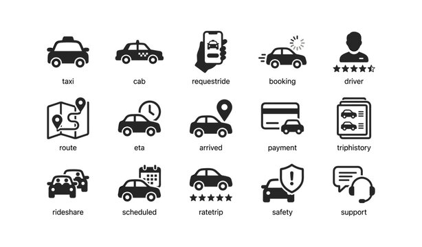 Rideshare icons showing taxi and trip status on white background