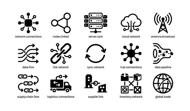 Grid of network and logistics icons showing connections and data flow